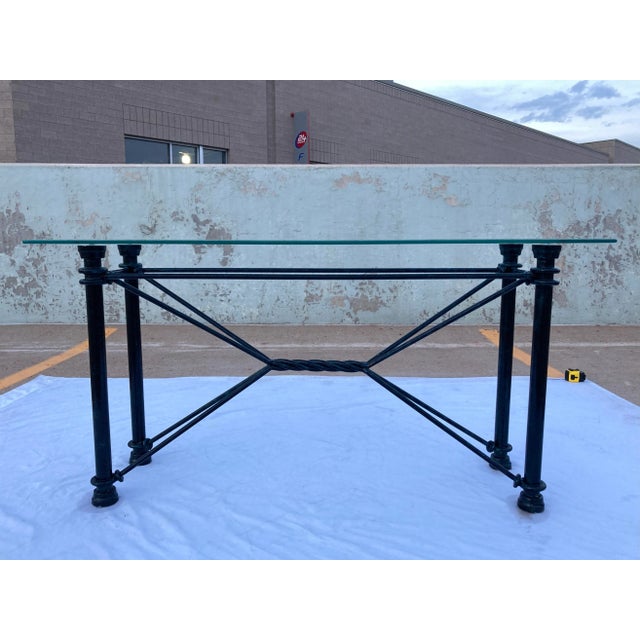Giacometti style faux wrought iron welded steel console sofa table with a patinated bronze verdigris finish and beveled...