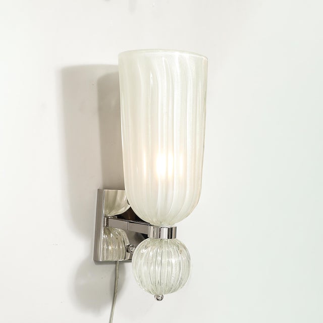 Modernist Hand-Blown Fluted 24k White Gold Fleck Murano Glass & Nickel Sconces For Sale - Image 10 of 13