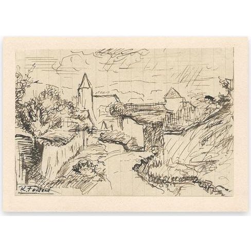 View of the village and nature is an original ink drawing on paper, realized by Robert Fontené (1892-1980). Signed paper...