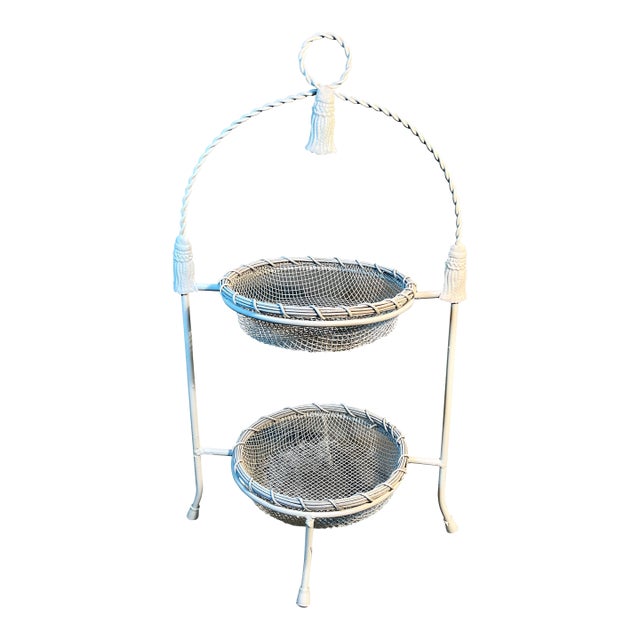 Vintage 2 Tier Fruit Basket Stand Iron With Removable Metal Mesh Baskets For Sale