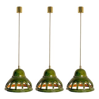 Round Green Glazed Ceramic Pendant Light, Germany, 1970s For Sale