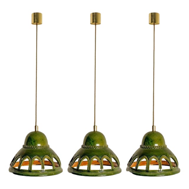 Round Green Glazed Ceramic Pendant Light, Germany, 1970s For Sale