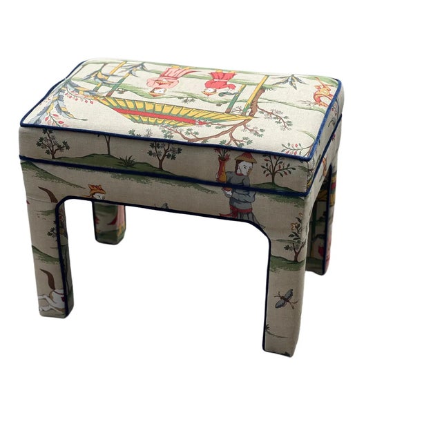 Tan 1980s Pair Upholstered Benches in Thibaut “Ting Yuan” For Sale - Image 8 of 9