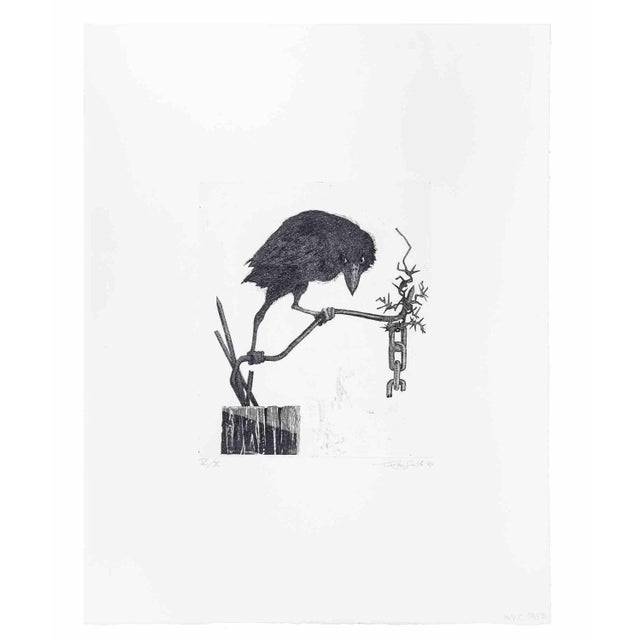 Crow on the branch is an artwork realized in 1972 by the italian contemporary artist leo guida (1992 - 2017). Original...
