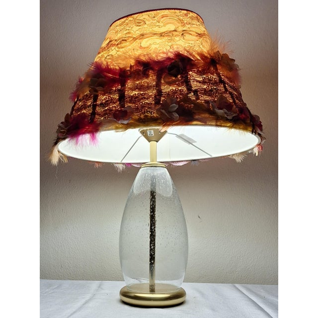 Vintage Bubble-Patterned Glass Base Table Lamp on Brass Mount from Rogo-Leuchten with Handmade Fabric Shade For Sale - Image 6 of 10