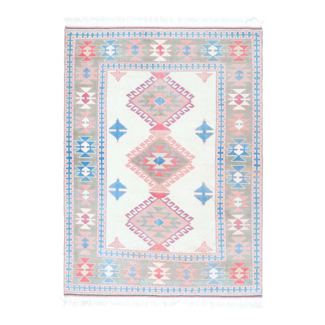 1970s Vintage Turkish Oushak Handmade Wool Cotton Beige Area Rug For Sale