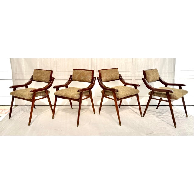 Set of 4 Mid-Century Modern Upholstered Wood Dining Arm Chairs For Sale - Image 4 of 12