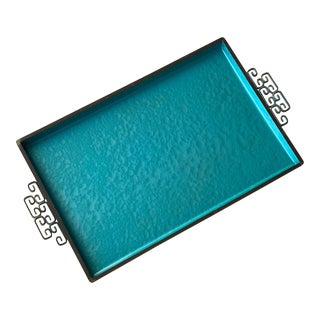 Vintage Kyes Vibrant Teal "Moire" Enamel Tray, Circa 1950s For Sale