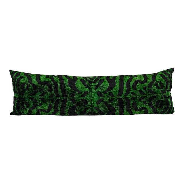 Silk Ikat Velvet Pillow Cover – Green and Black Zebra Pattern Bedding Cushion 16'' X 47'' For Sale