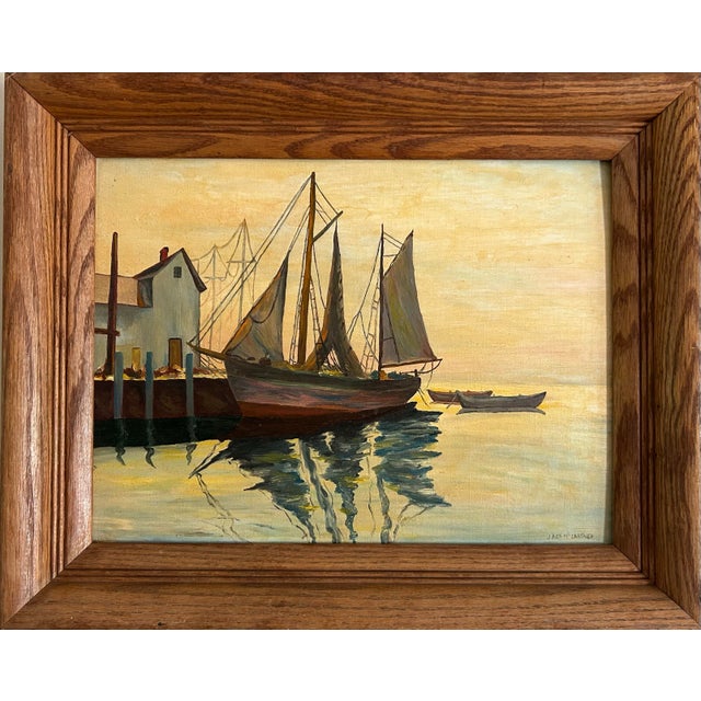 Impressionist Vintage Painting of a Sailboat in Harbor For Sale - Image 3 of 7