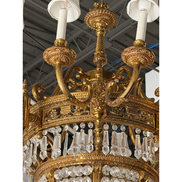 Antique Beaux Arts Bronze Crystal Basket 16 Light Chandelier Rewired For Sale - Image 4 of 15