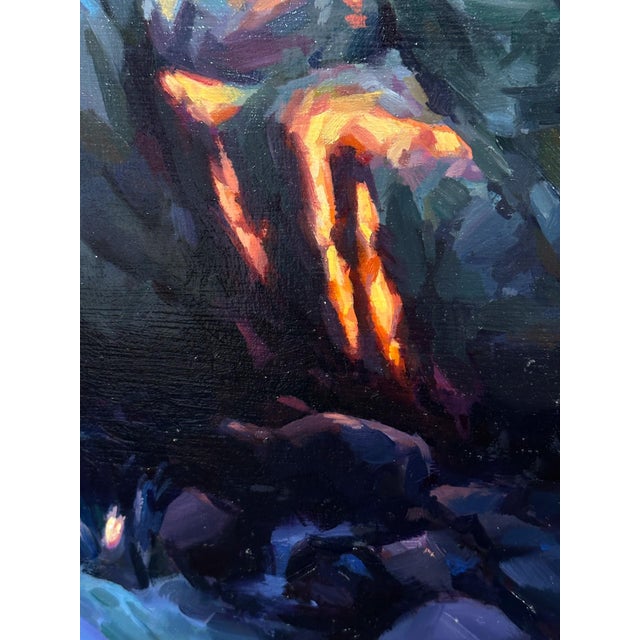 Transmission by Judd Mercer | Oil on panel Person standing by a stream near rocky cliffs. For Sale - Image 4 of 5