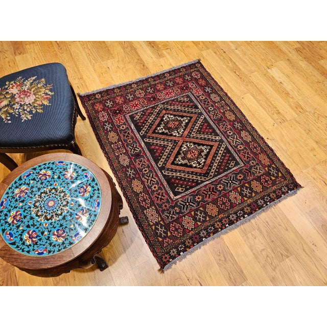 Vintage Afghan Baluch Tribal Area Rug in a Near-Square Size in Red, Blue, Brown For Sale - Image 9 of 17