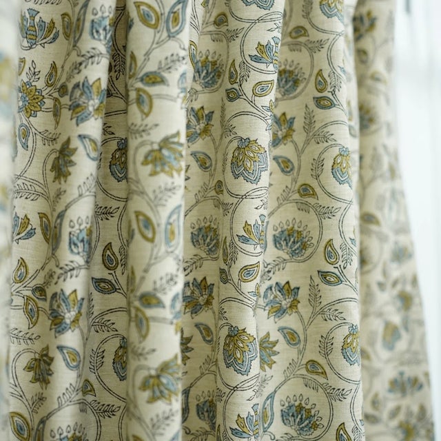 Rustic Block Print Ring Curtain Semi Sheer Linen Blend Single Panel for Living Room & Bedroom Size, 54"Wx29"L- Saraswati For Sale - Image 3 of 5