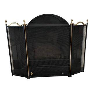 1980s Virginia Metalcrafters Folding Three Piece Matte Black Fireplace Screen With High Sheen Solid Brass Trim For Sale