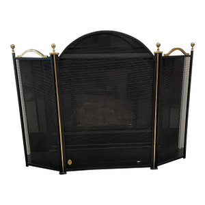 1980s Virginia Metalcrafters Folding Three Piece Matte Black Fireplace Screen With High Sheen Solid Brass Trim