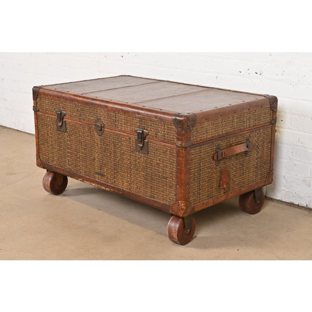 Late 20th Century Baker Furniture Campaign Rattan and Leather Trunk Coffee Table For Sale - Image 12 of 12