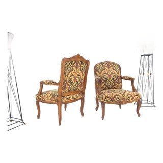 Pair of His & Hers Finely Carved Walnut Country French Lounge Armchairs Tapestry For Sale