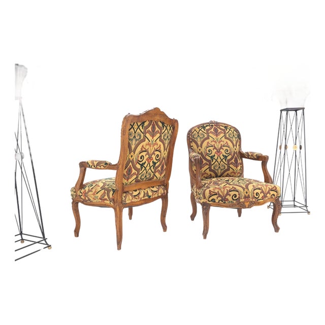 Pair of His & Hers Finely Carved Walnut Country French Lounge Armchairs Tapestry For Sale