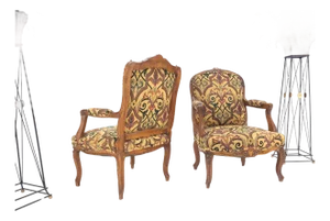Pair of His & Hers Finely Carved Walnut Country French Lounge Armchairs Tapestry