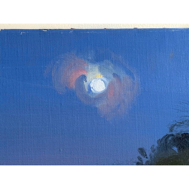 Charming blue-toned nocturne oil landscape painting with a pair of horses under the moon. Loose brush strokes and rich...