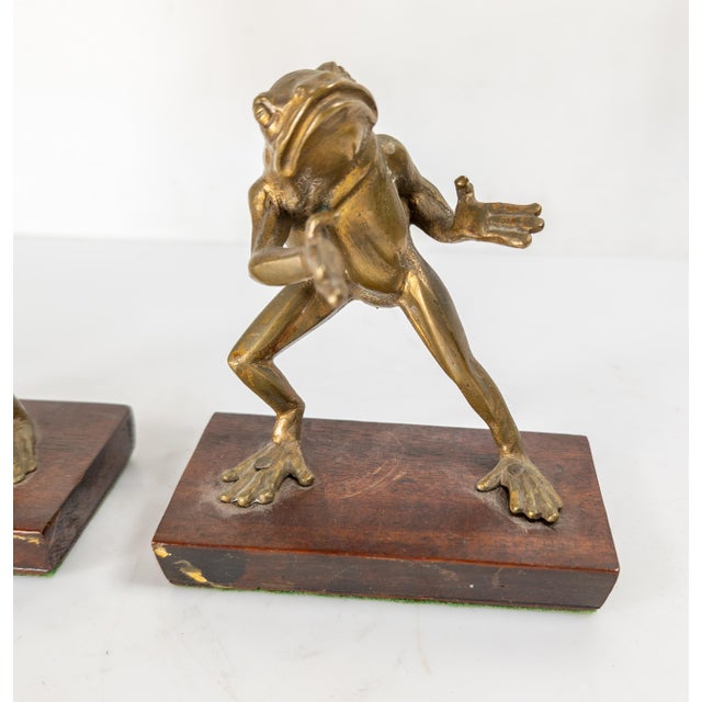Wood 20th Century Pair of Brass Frog Form Decorative Figures or Bookends For Sale - Image 7 of 15