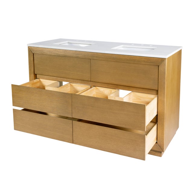 Brady 60 in. W Wood & Quartz Double Sink Bathroom Vanity, Light Natural For Sale In Chicago - Image 6 of 11