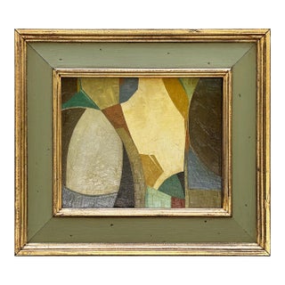 Contemporary Abstract Oil Painting in Vintage Olive Green Painted Frame For Sale