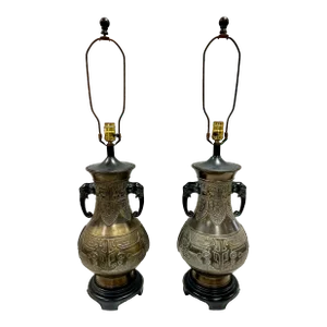 Pair of Chinese Chinoiserie Brass Urn Table Lamps With Elephants