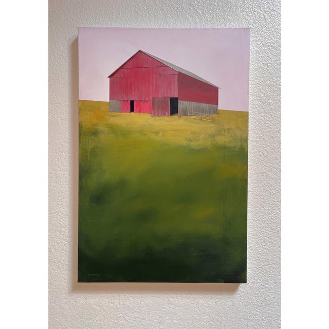 "Summit County Barn" is an acrylic on canvas landscape painting by Justin Wheatley, completed in 2025. A long red barn...