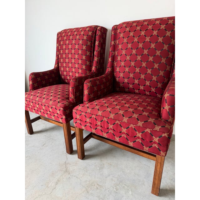 Vintage Hickory Traditional Upholstered Wingback Armchairs – A Pair For Sale - Image 10 of 12