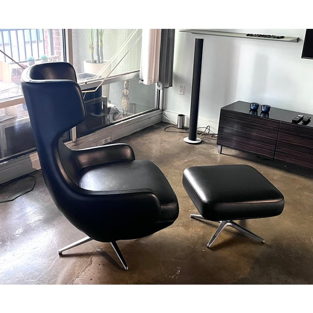 Cantoni Leather Recliner Lounge Chair and Ottoman Set in Genuine Top-Grain Leather With Stainless Steel Swivel Base For Sale - Image 9 of 12