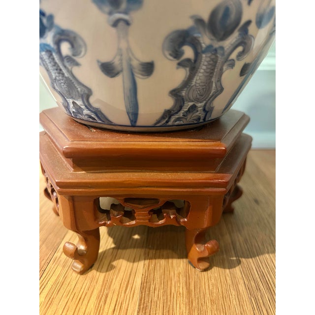 Late 20th Century Late 20th Century Custom Made Blue and White Chinoiserie Lamp on Carved Ming Style Base For Sale - Image 5 of 12