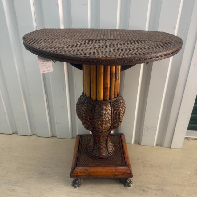 Dorothy Draper 1980s Maitland-Smith Attributed Burnt Bamboo Drop-Leaf Table With Brass Feet For Sale - Image 4 of 12