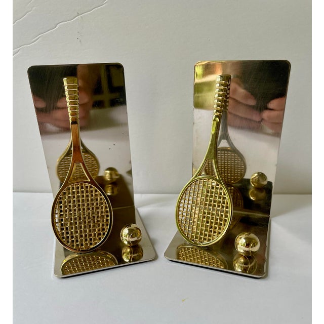 Set of Polished Brass and Chrome Tennis Racket Bookends For Sale - Image 4 of 8