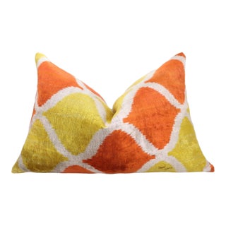 Orange Yellow Silk Velvet Lumbar Pillow – 16x24 Handmade Ikat Luxury Cushion For Sale