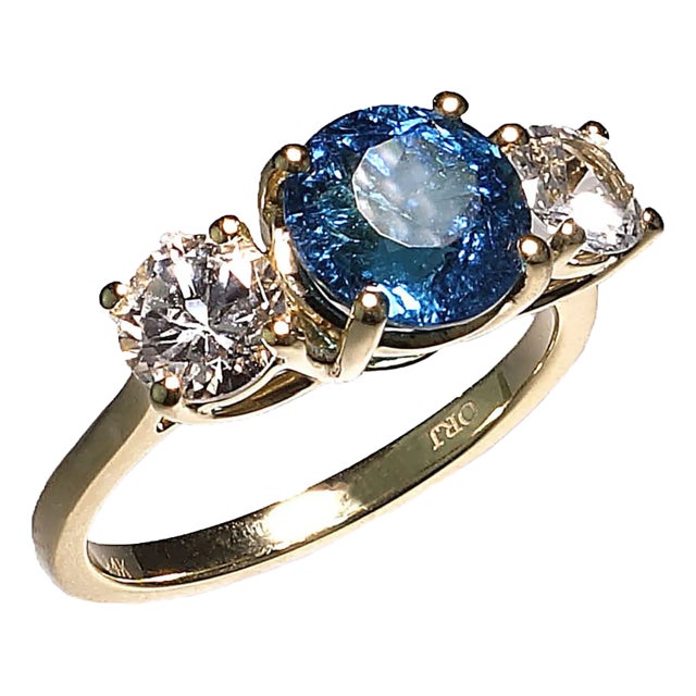 Blue Tourmaline and White Cambodian Zircon Cocktail Ring For Sale
