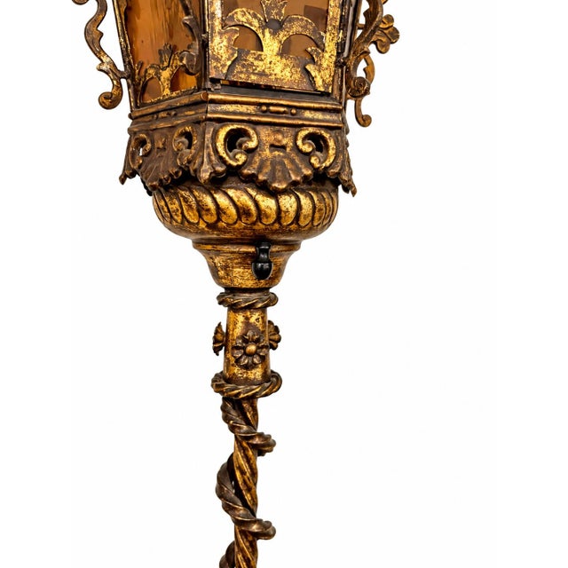 Vintage Italian Renaissance Revival Gilt-Metal and Iron Floor Lanterns — Matching Pair, 76 Inches Tall For Sale - Image 9 of 11