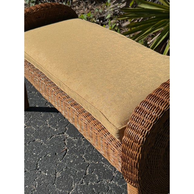 Vintage Wicker Bench | Coastal Rattan Barrel-Back Settee With Cushion For Sale - Image 9 of 10