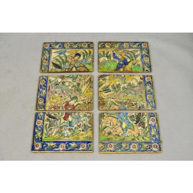 Antique Persian Iznik Qajar Style Ceramic Pottery Tile Mosaic Hunt Scene C7 For Sale - Image 9 of 10