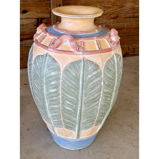Vintage Coastal Monumental Cast Plaster Sculpted Palm Leaf Floor Vase For Sale - Image 11 of 12