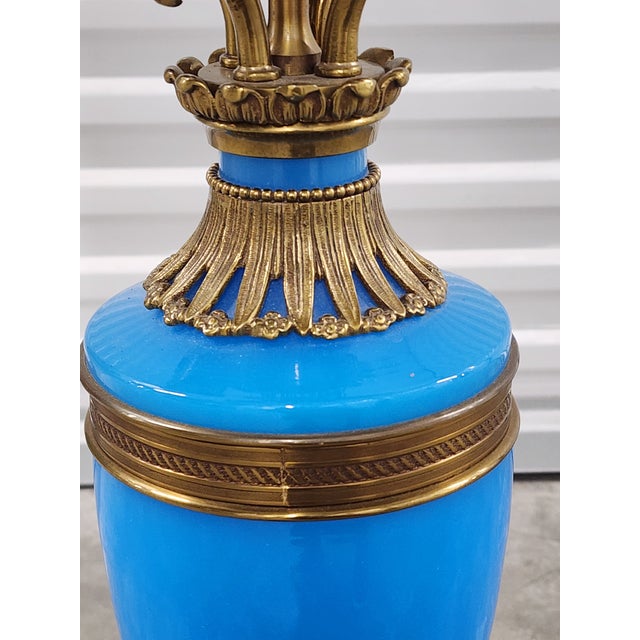 Antique French Blue Opaline Glass & Bronze Candelabra Table Lamp For Sale - Image 4 of 16