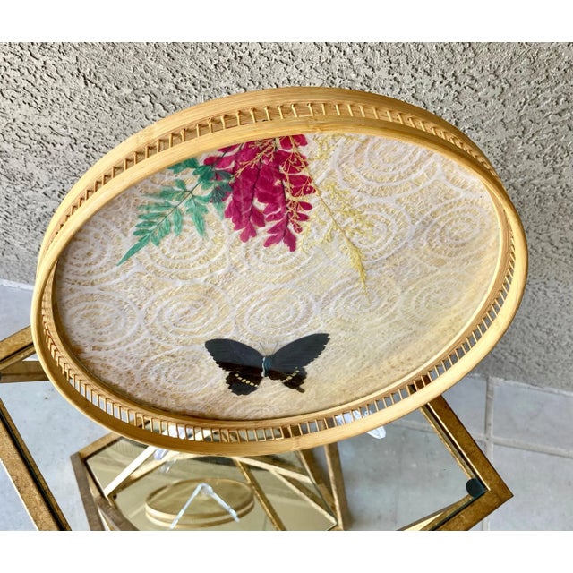 Circa 1970 Whimsical Rattan & Bamboo Découpage-Inspired Butterfly & Foliate Round Tray For Sale - Image 9 of 13