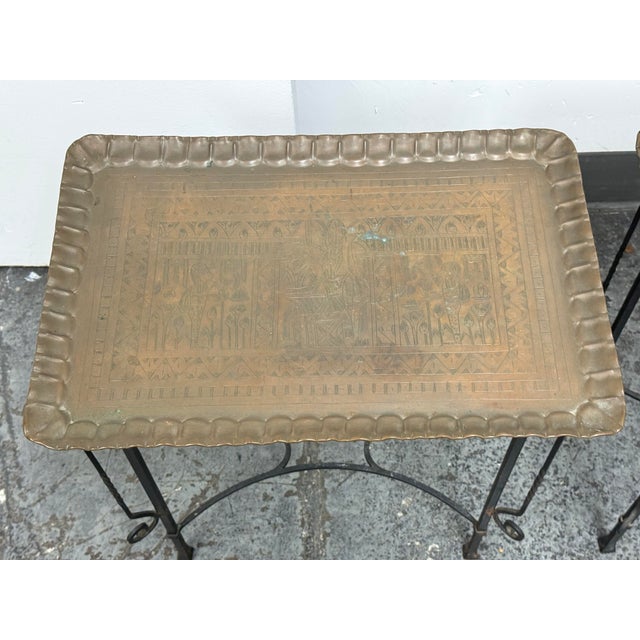 Egyptian Vintage Brass Tray + Wrought Iron Side Tables, Pair For Sale - Image 10 of 12