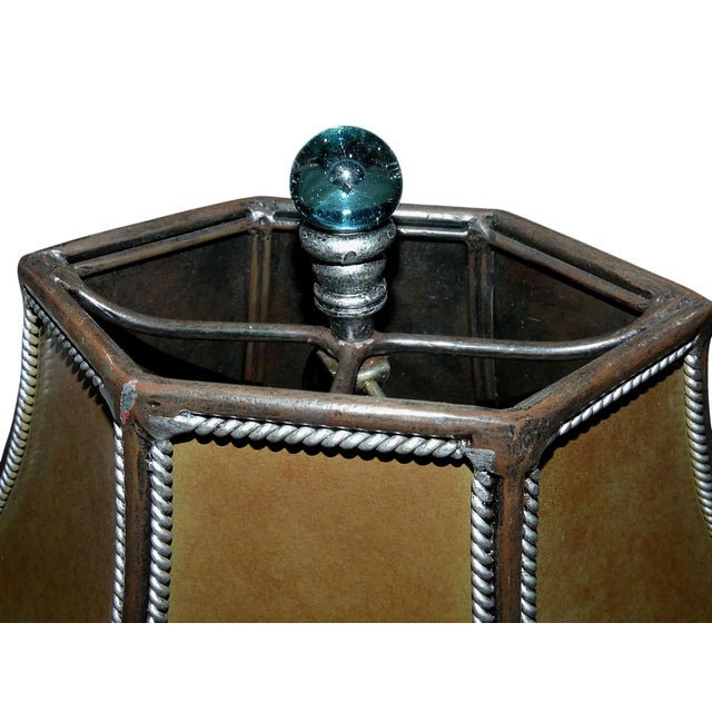 Copper Rustic Art Glass Embellished Lamps With Metal Shades - A Pair For Sale - Image 8 of 9