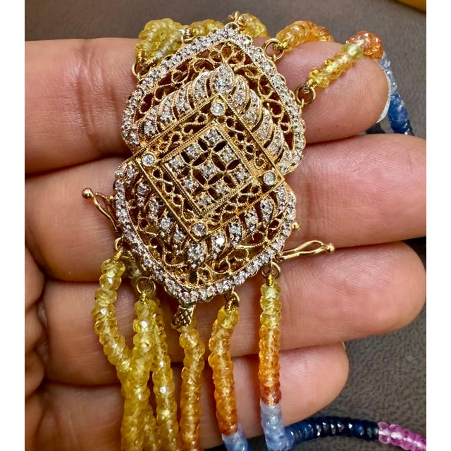 Pink 400 Ct , 6 Layer Natural Emerald Ruby & Sapphire Bead Necklace 18K Diamond Clasp For Sale - Image 8 of 18