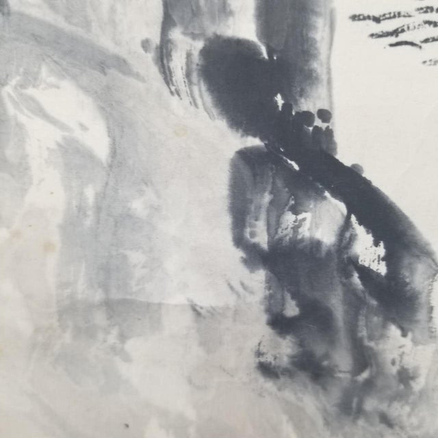 Japanese Vintage Japanese Hanging Scroll Ink Landscape With Mountains, Sea, and Sailing Boats For Sale - Image 3 of 13