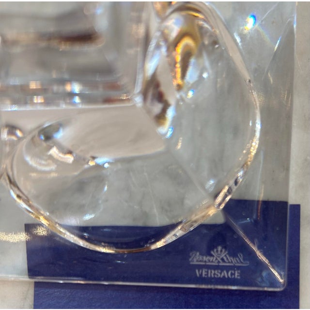 Glass Versace Rosenthal Austria Crystal 3 - Arm Candlesticks With Frosted Medusa on the Center Arm Signed, Inscribed Set of 2 For Sale - Image 7 of 12