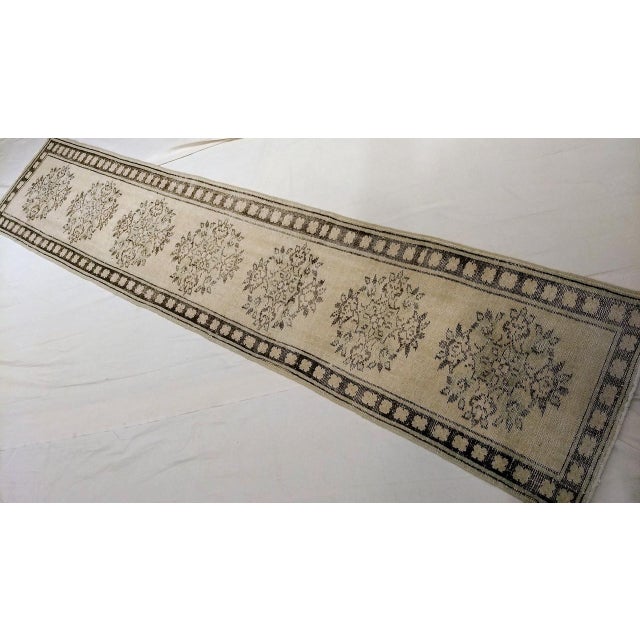 Brown Vintage Turkish Oushak Runner, Hand-Knotted Wool Pile, Ivory & Green, 3' x 11' For Sale - Image 8 of 9