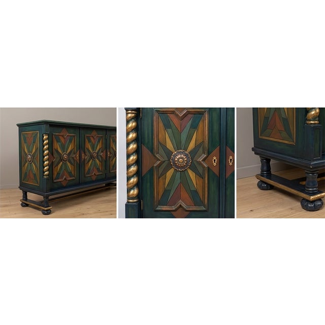 Artisan Hand-Painted Credenza with Geometric Star Inlay and Gilded Details For Sale - Image 3 of 4